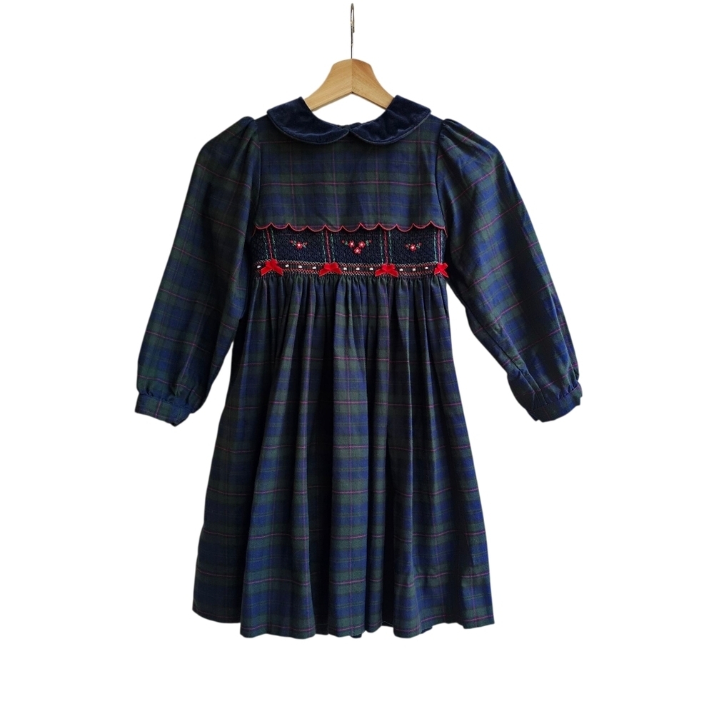 Vintage Christie Brooks Plaid Smocked Dress with Velvet Collar, Size L 6X
